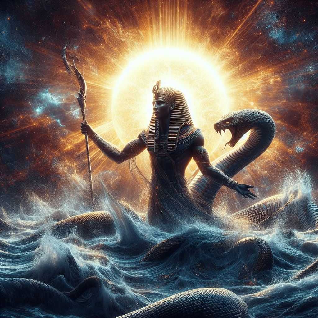 Dios egipcio Ra emerge al amanecer con serpiente Apep